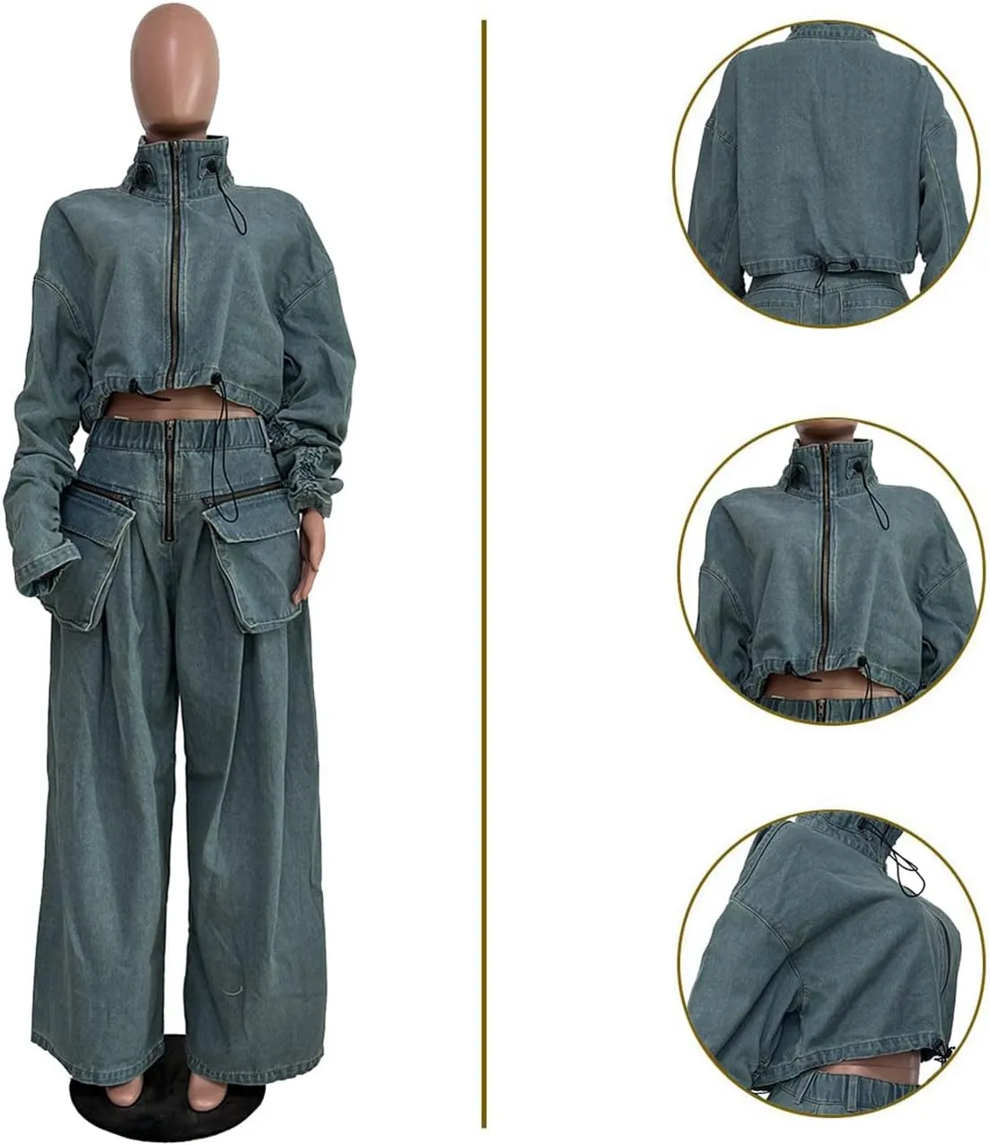 KANSOON Women Denim Set Jean 2 Piece Outfit Cargo Zip Long Sleeve Crop Jacket Wide Leg Pant Drawstring Loose Sweatsuit