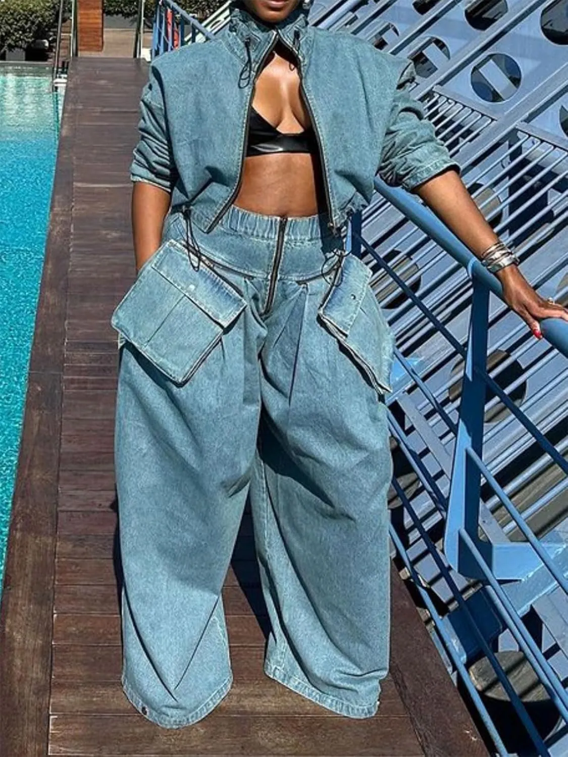 KANSOON Women Denim Set Jean 2 Piece Outfit Cargo Zip Long Sleeve Crop Jacket Wide Leg Pant Drawstring Loose Sweatsuit