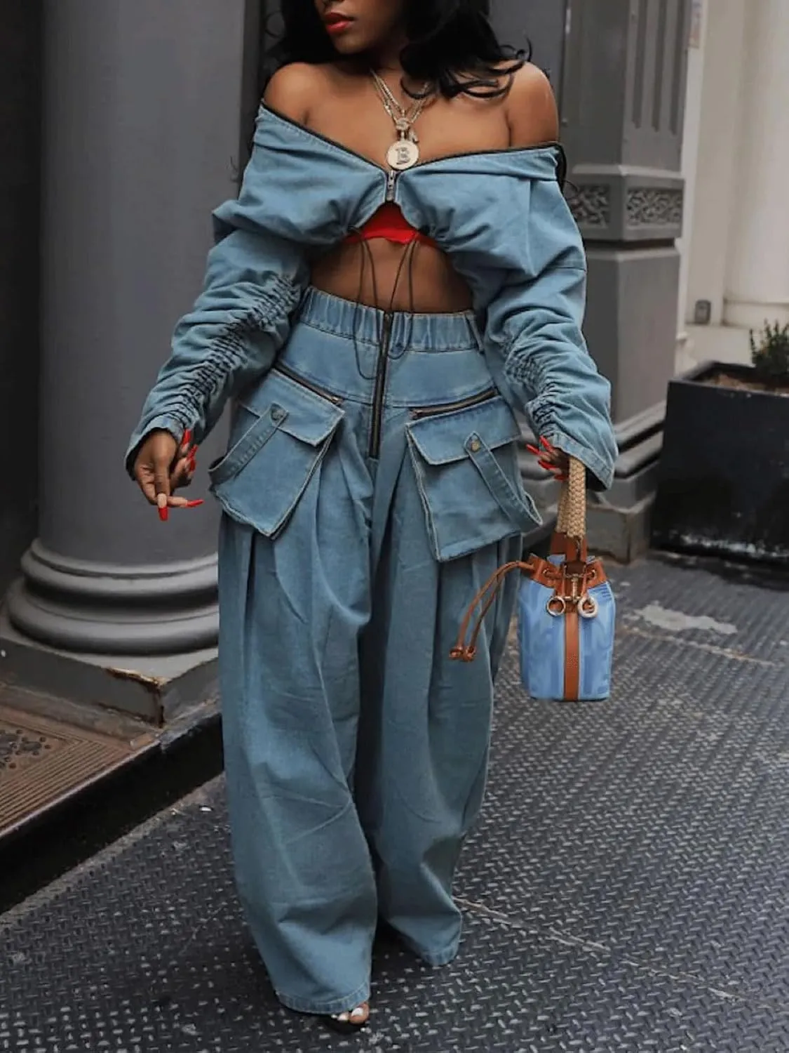 KANSOON Women Denim Set Jean 2 Piece Outfit Cargo Zip Long Sleeve Crop Jacket Wide Leg Pant Drawstring Loose Sweatsuit