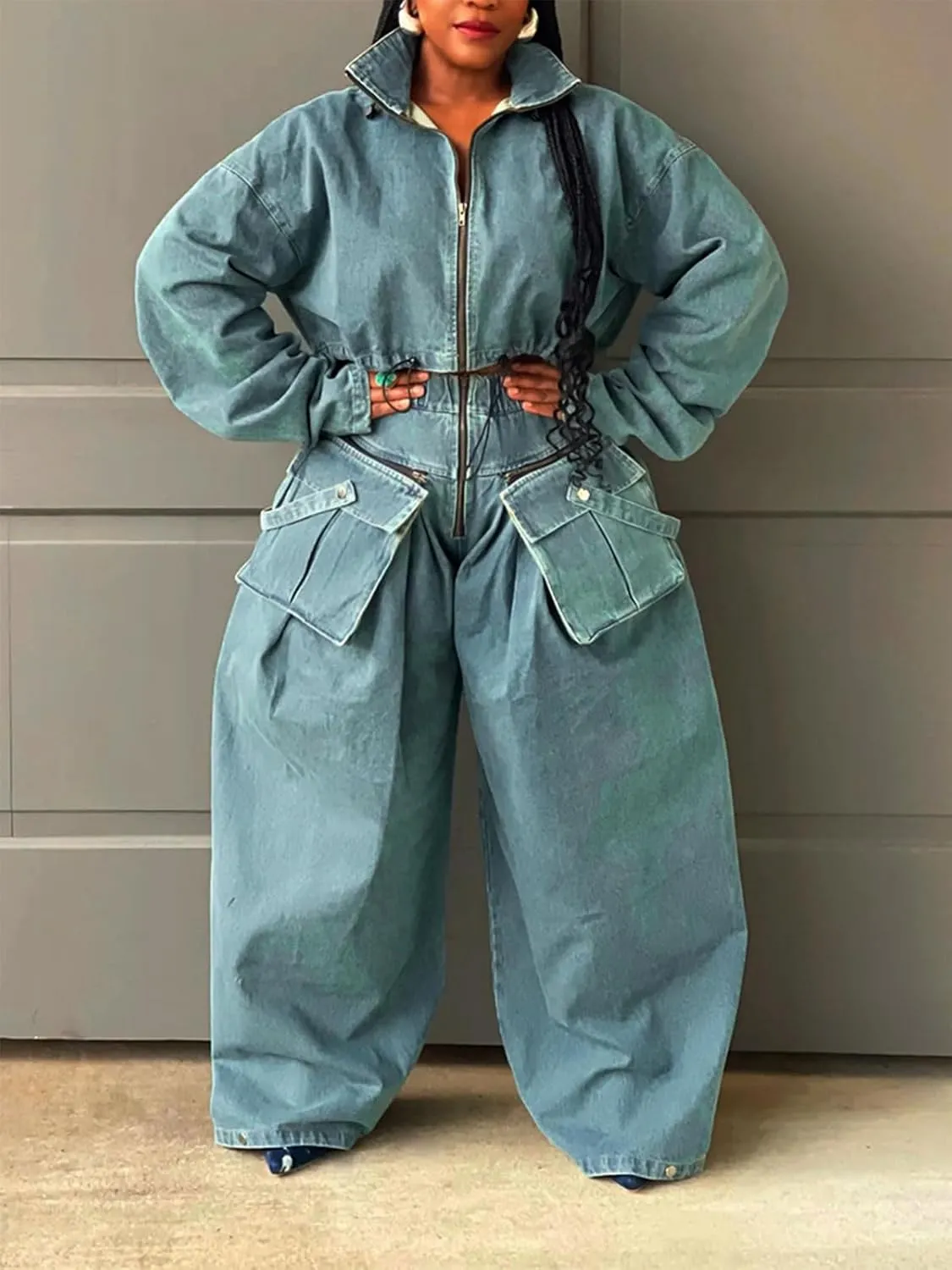KANSOON Women Denim Set Jean 2 Piece Outfit Cargo Zip Long Sleeve Crop Jacket Wide Leg Pant Drawstring Loose Sweatsuit