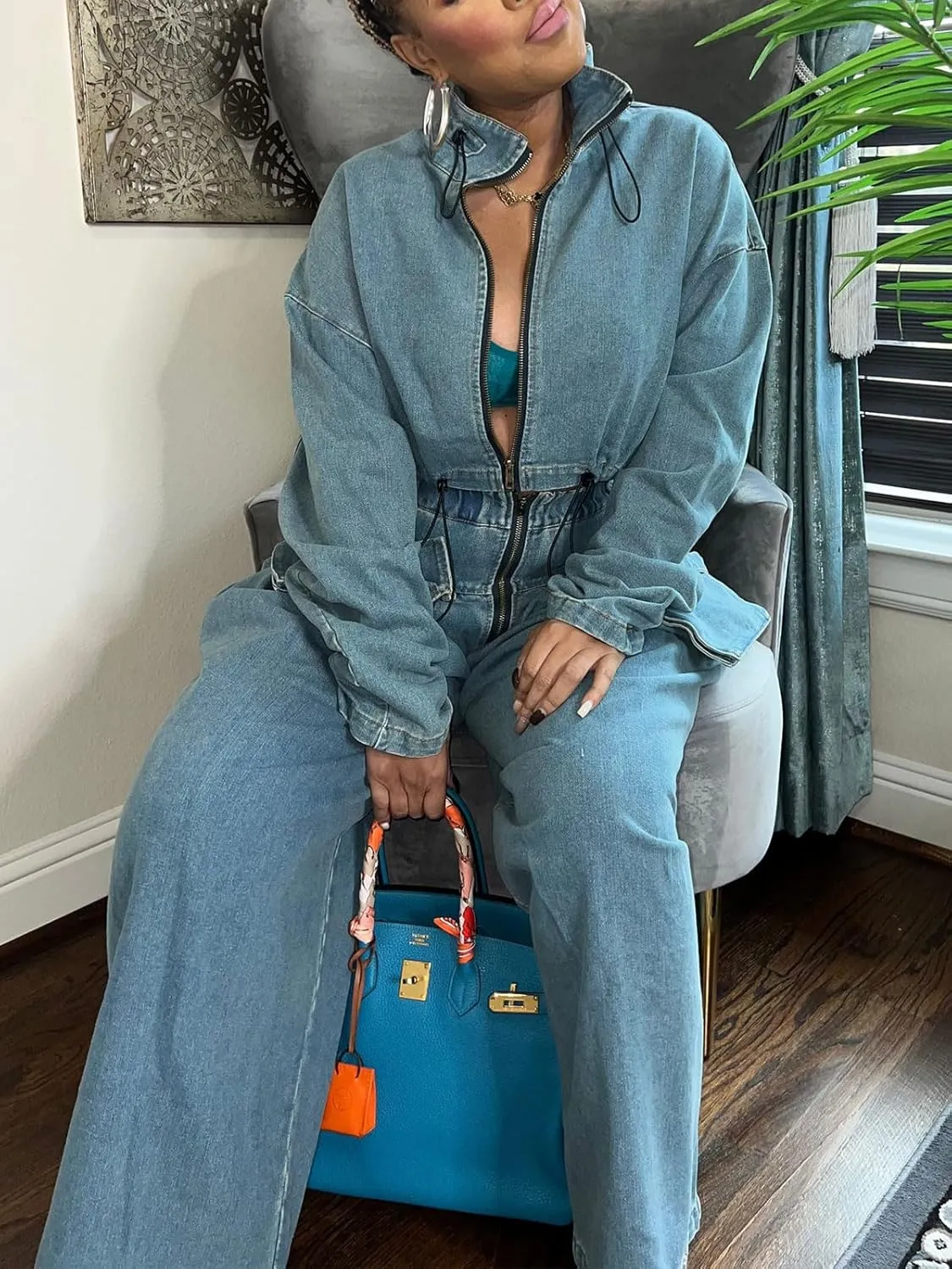 KANSOON Women Denim Set Jean 2 Piece Outfit Cargo Zip Long Sleeve Crop Jacket Wide Leg Pant Drawstring Loose Sweatsuit