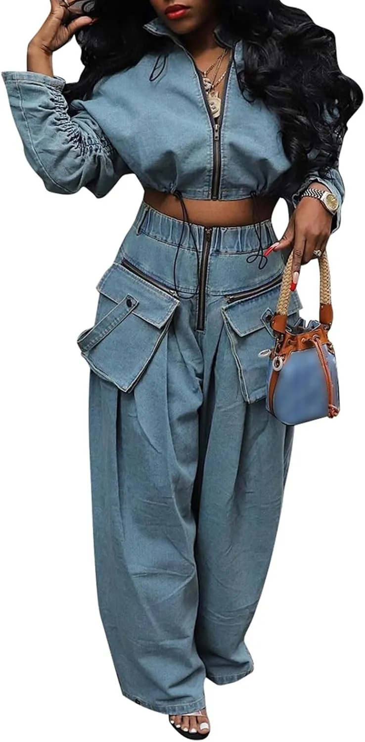 KANSOON Women Denim Set Jean 2 Piece Outfit Cargo Zip Long Sleeve Crop Jacket Wide Leg Pant Drawstring Loose Sweatsuit
