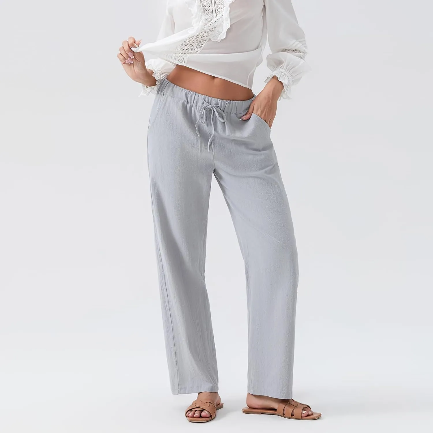 Karwuiio Women's Summer Cotton Linen Pants Casual High Waist Wide Leg Cargo Pants Loose Trousers with Pockets