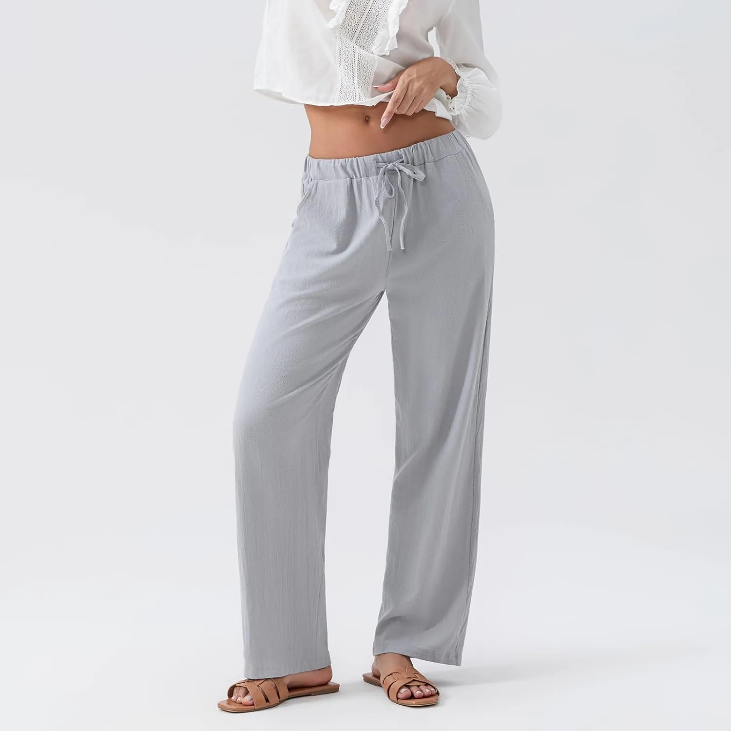 Karwuiio Women's Summer Cotton Linen Pants Casual High Waist Wide Leg Cargo Pants Loose Trousers with Pockets