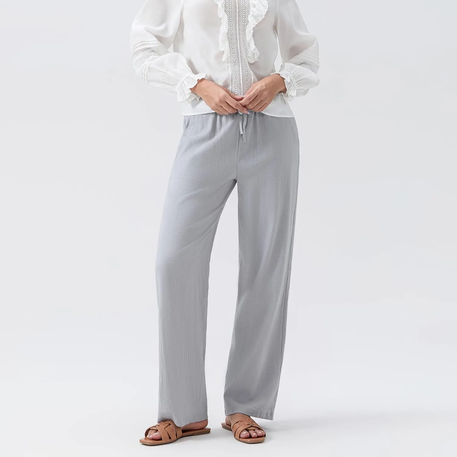 Karwuiio Women's Summer Cotton Linen Pants Casual High Waist Wide Leg Cargo Pants Loose Trousers with Pockets