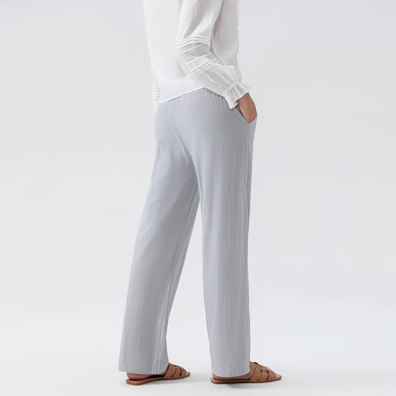 Karwuiio Women's Summer Cotton Linen Pants Casual High Waist Wide Leg Cargo Pants Loose Trousers with Pockets