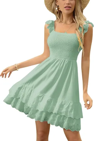 Kate Kasin Women's Summer Ruffle Strap Sleeveless Square Neck Smocked Back A Line Tiered Swing Mini Dress Vacation Beachwear