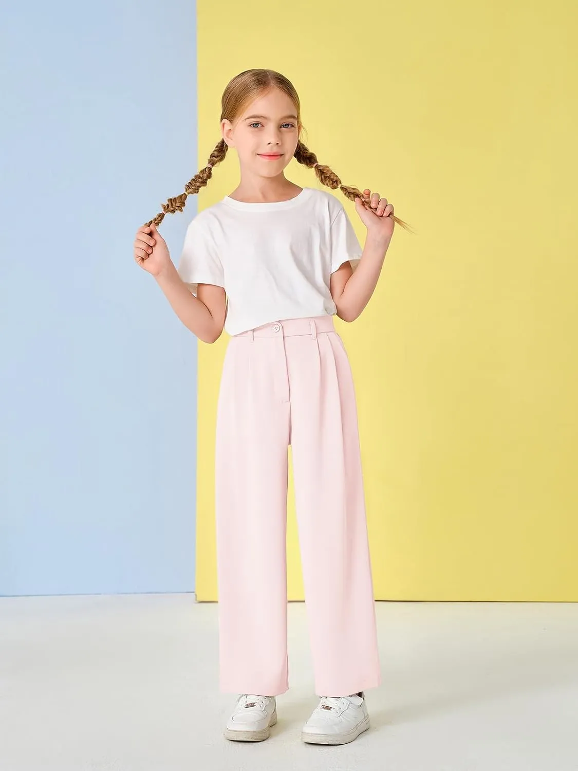 Kids Girls High Waist Wide Leg School Uniform Pants 5-14 Years