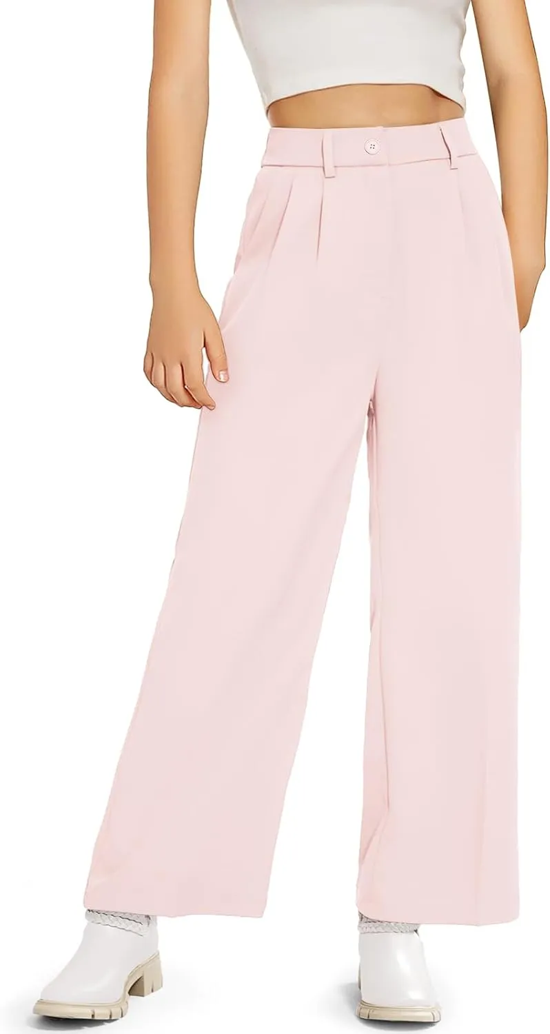 Kids Girls High Waist Wide Leg School Uniform Pants 5-14 Years