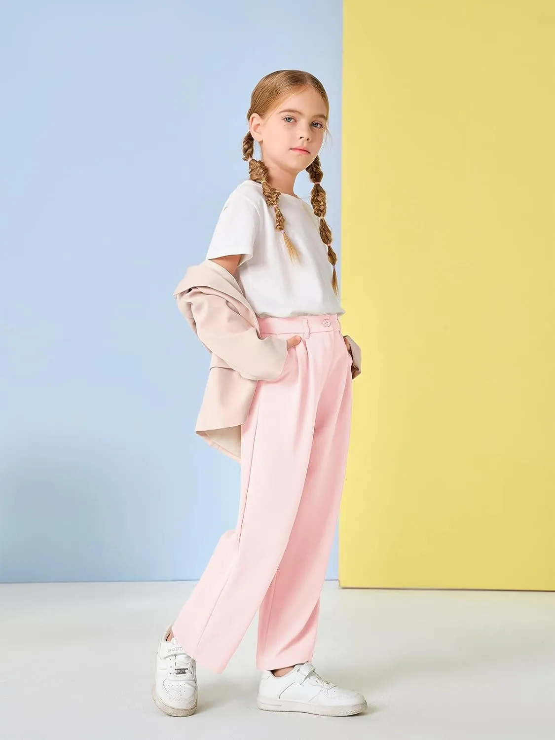 Kids Girls High Waist Wide Leg School Uniform Pants 5-14 Years