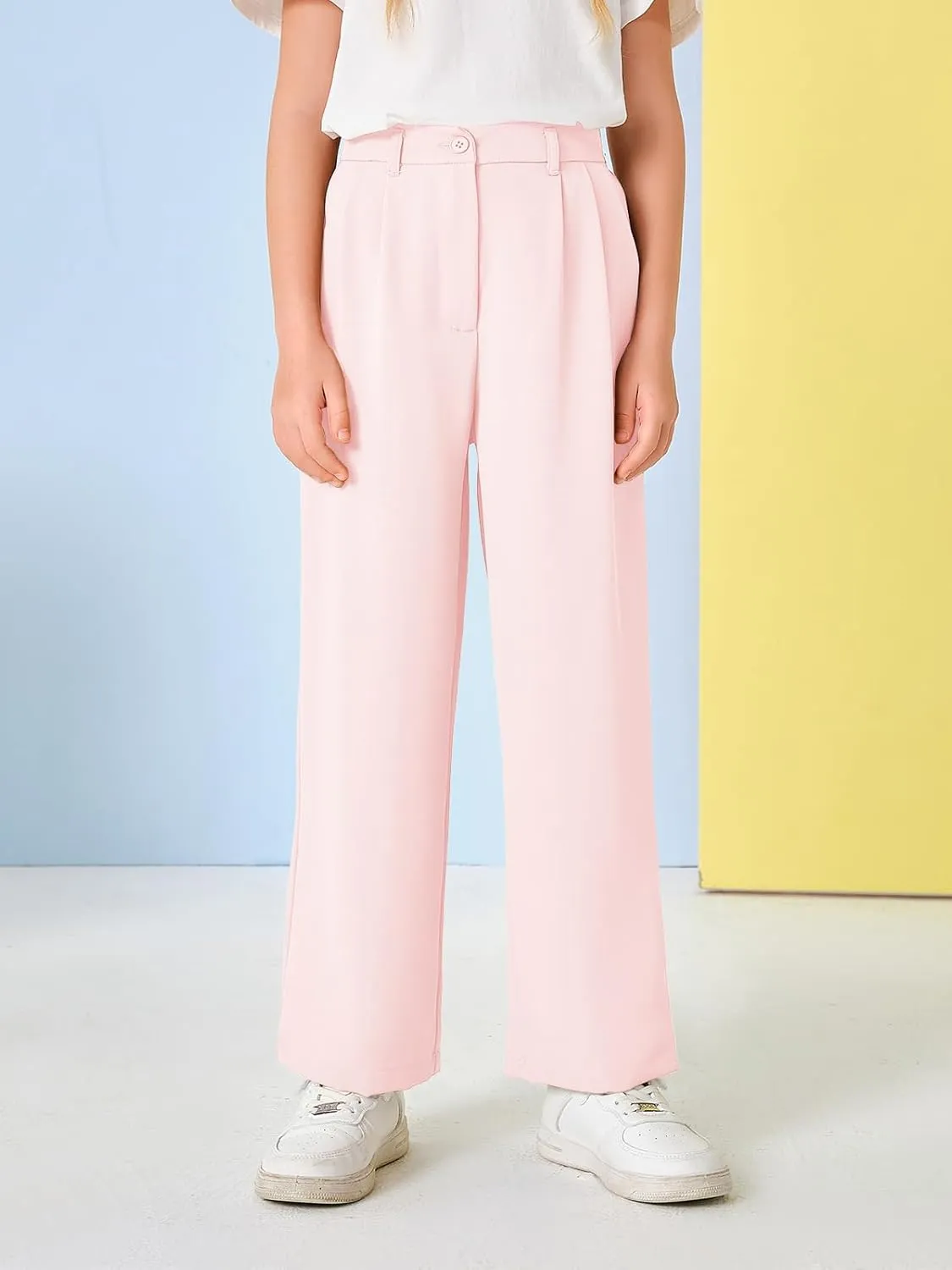 Kids Girls High Waist Wide Leg School Uniform Pants 5-14 Years