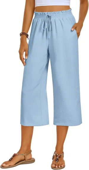 Kikula Women's Capri Pants Loose Wide Leg Trousers High Waisted Drawstring Lounge Pants with Pockets Comfy Palazzo Pants