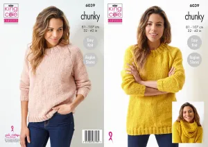 King Cole Chunky Easy Knit Knitting Pattern - Ladies Sweaters & Cowl (6039)