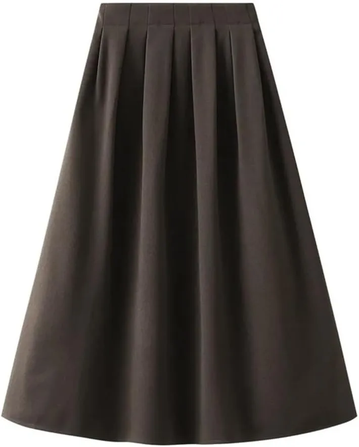 Korean Style High Waist Pleated Skirts Solid Office A-Line Midi Skirt Loose Slim-Looking Skirt