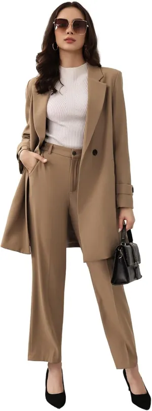 Lamgool Women's Suit 2 Piece Long Blazer Set Ladies Jacket Pantsuit Casual Outfits for Fall