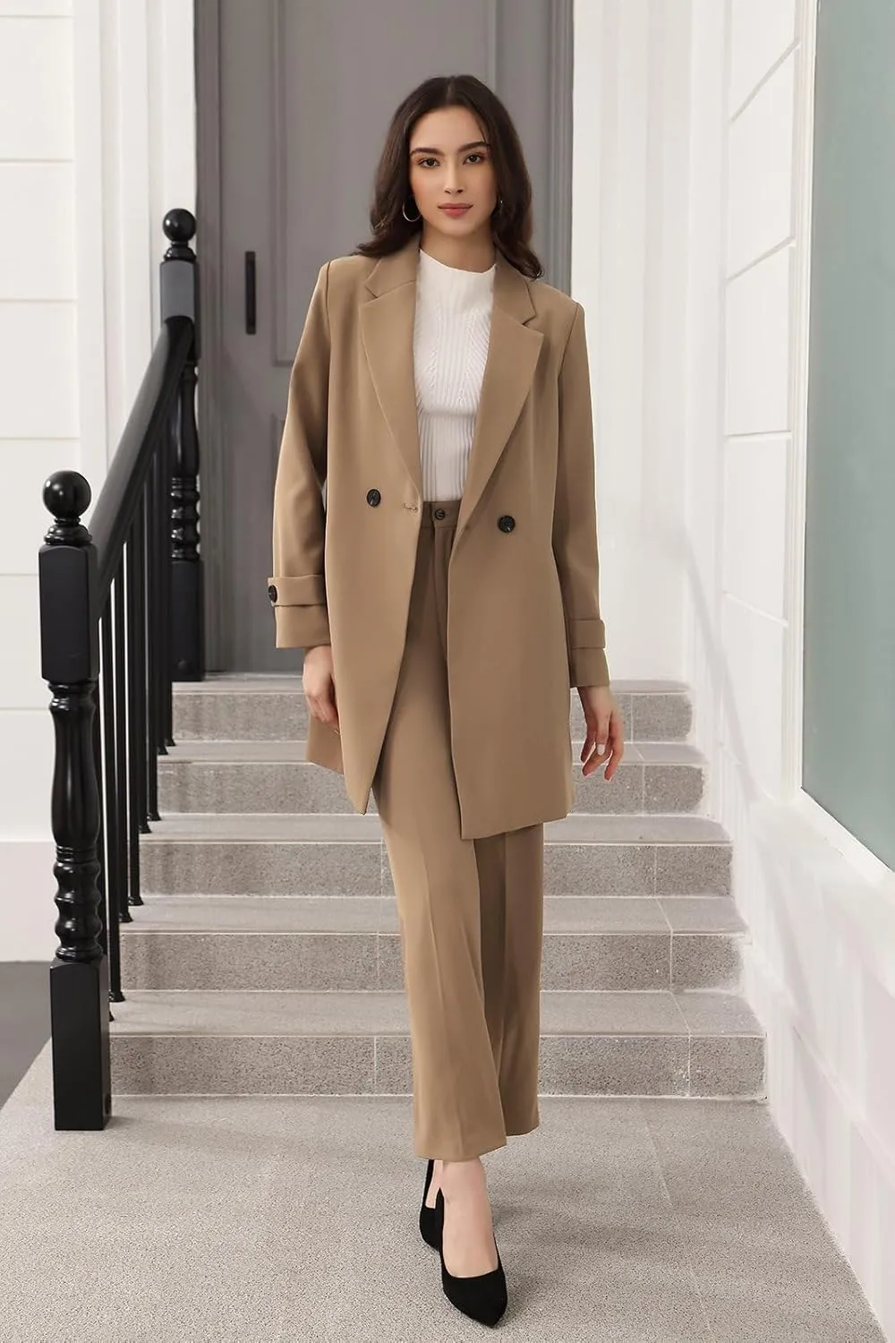 Lamgool Women's Suit 2 Piece Long Blazer Set Ladies Jacket Pantsuit Casual Outfits for Fall