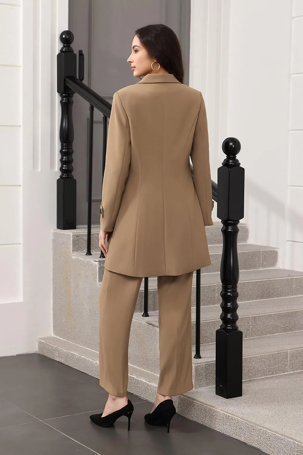 Lamgool Women's Suit 2 Piece Long Blazer Set Ladies Jacket Pantsuit Casual Outfits for Fall