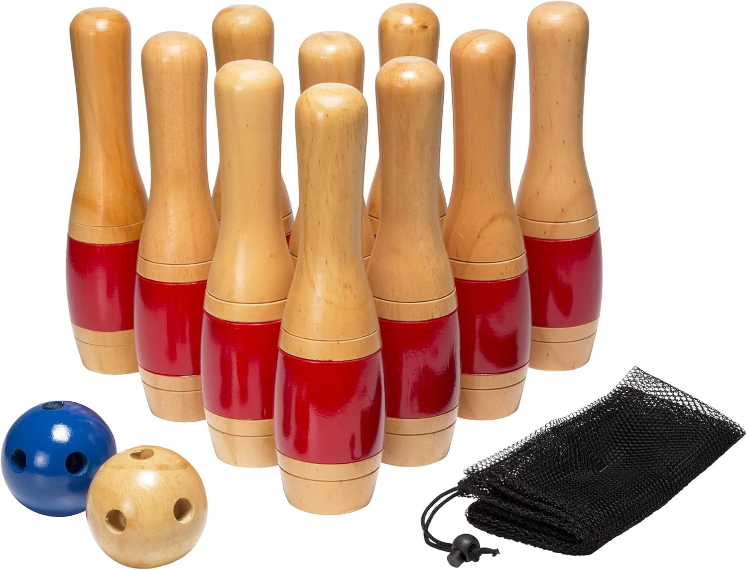 Lawn Bowling Game/Skittle Ball- Indoor and Outdoor Fun for Toddlers, Kids, Adults 10 Wooden Pins, 2 Balls, and Mesh Bag Set by Hey! Play! (11 Inch)