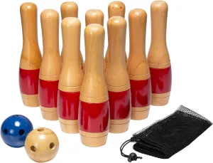 Lawn Bowling Game/Skittle Ball- Indoor and Outdoor Fun for Toddlers, Kids, Adults 10 Wooden Pins, 2 Balls, and Mesh Bag Set by Hey! Play! (11 Inch)