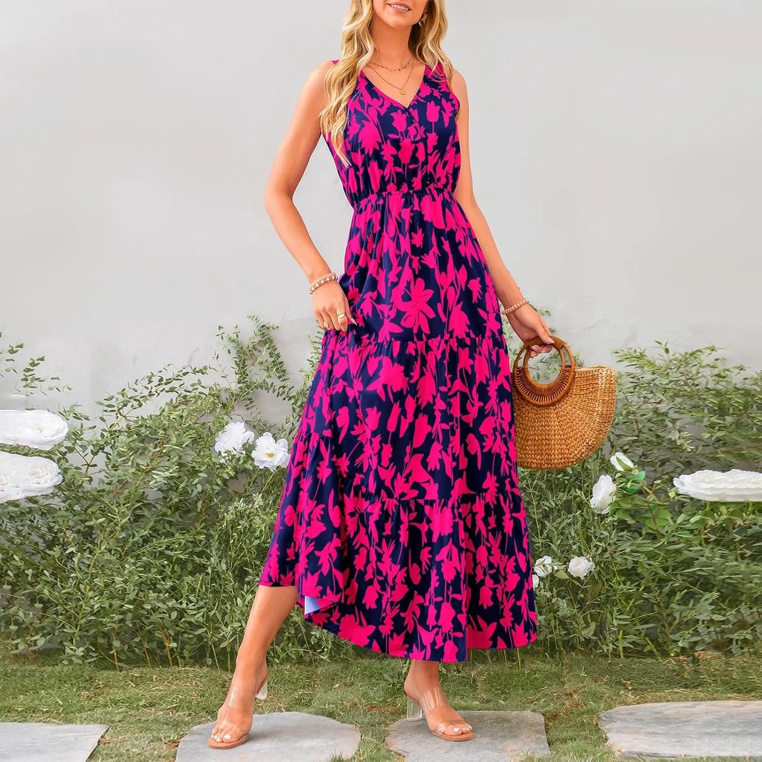 Leaf Print Ruffle Hem Belted Dress for Women V-Neck Vacation Ruffle Sleeve Party Formal Dress for Spring Summer