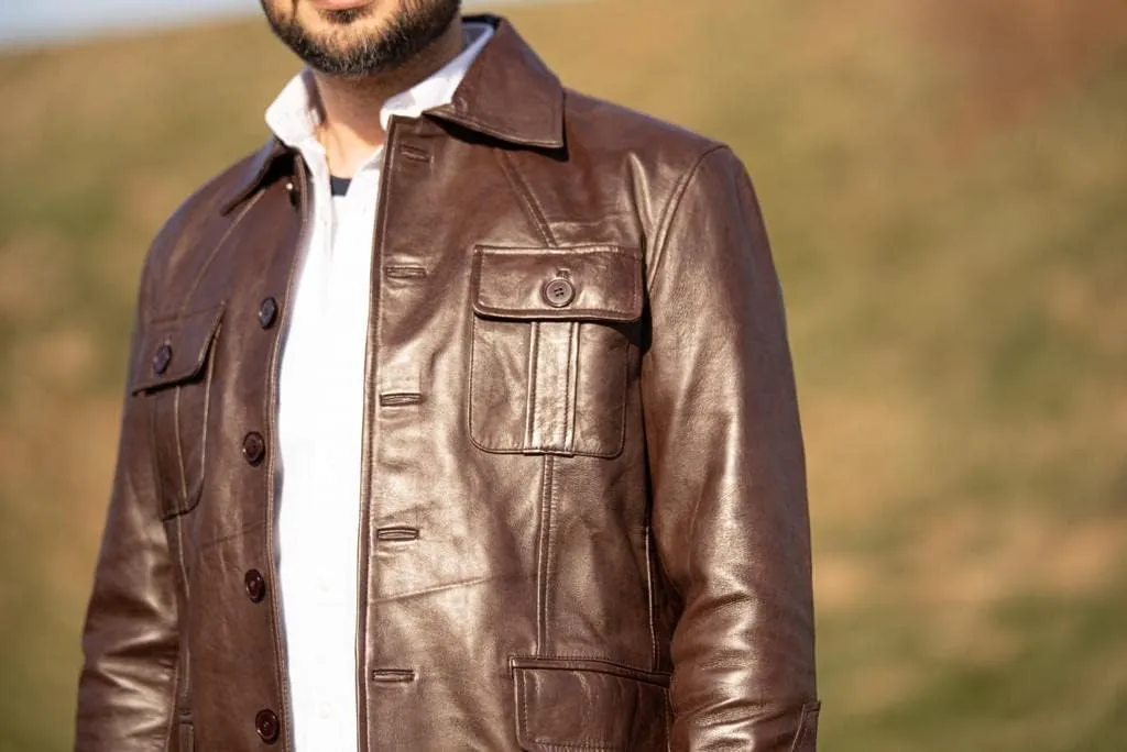 Leather Jacket Men | Vintage Four Pocket Genuine Leather Jacket | Shirt Collar Five Buttons Mens Leather Jacket