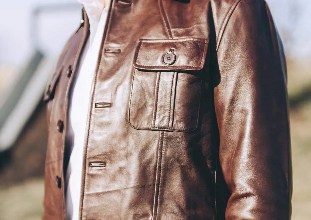 Leather Jacket Men | Vintage Four Pocket Genuine Leather Jacket | Shirt Collar Five Buttons Mens Leather Jacket