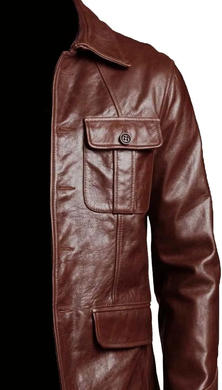 Leather Jacket Men | Vintage Four Pocket Genuine Leather Jacket | Shirt Collar Five Buttons Mens Leather Jacket
