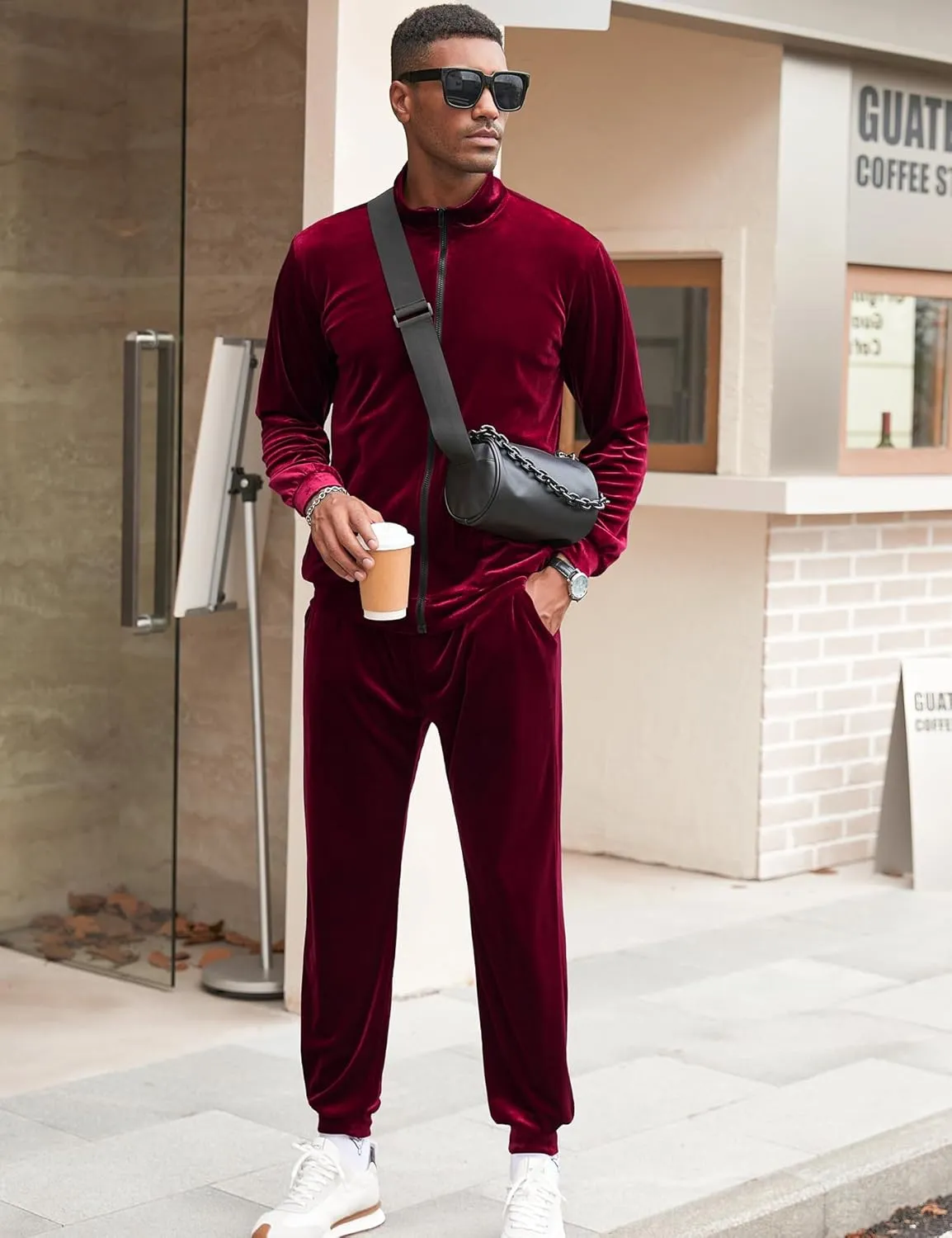 LecGee Mens 2 Piece Outfits Full Zip Velvet Long Sleeve Tracksuit Velour Casual Jogging Zipper Sweatsuit Set