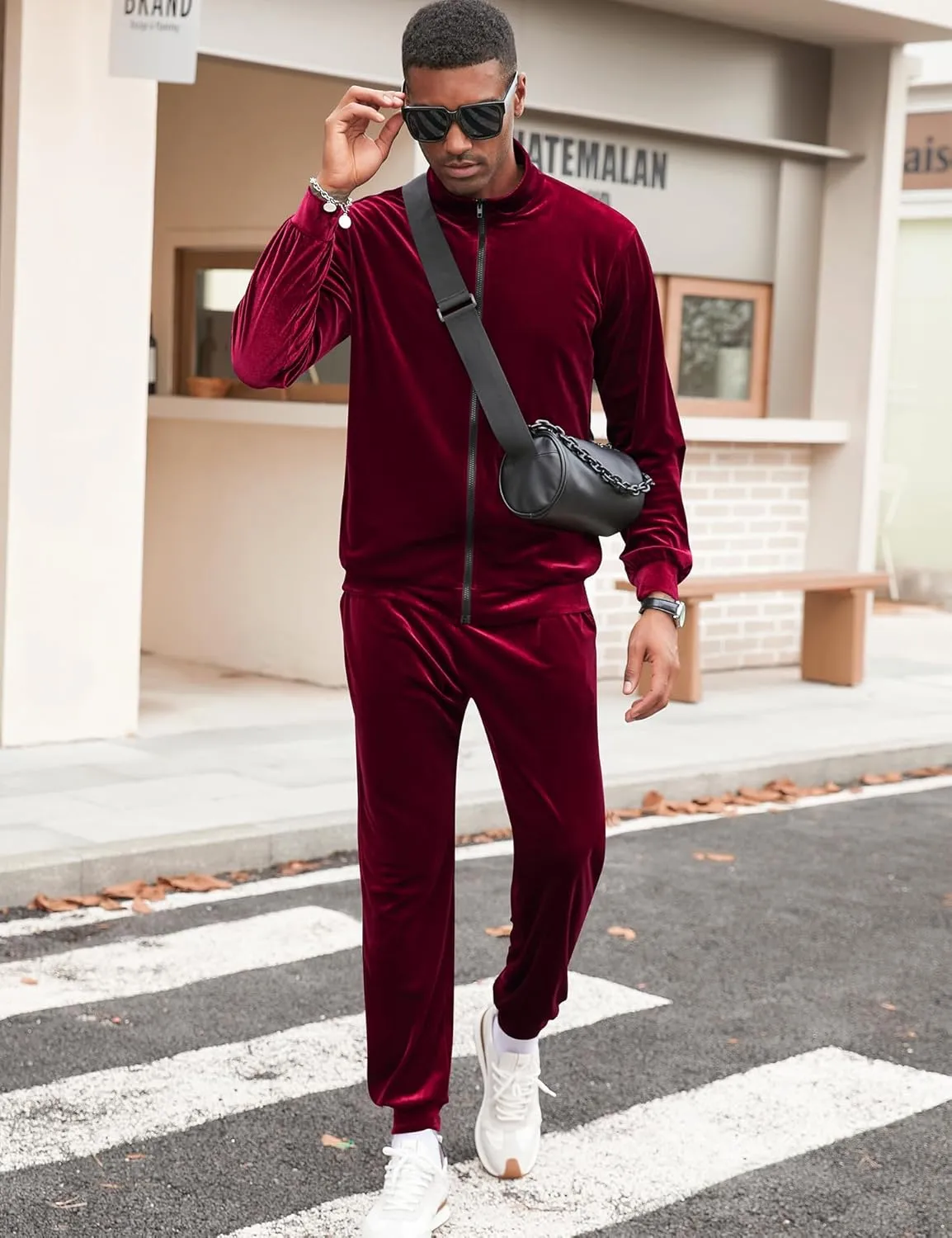 LecGee Mens 2 Piece Outfits Full Zip Velvet Long Sleeve Tracksuit Velour Casual Jogging Zipper Sweatsuit Set