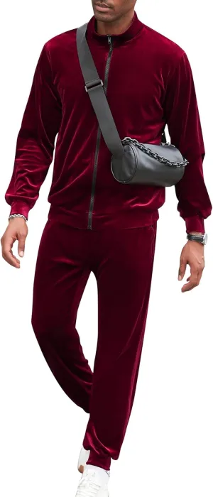 LecGee Mens 2 Piece Outfits Full Zip Velvet Long Sleeve Tracksuit Velour Casual Jogging Zipper Sweatsuit Set