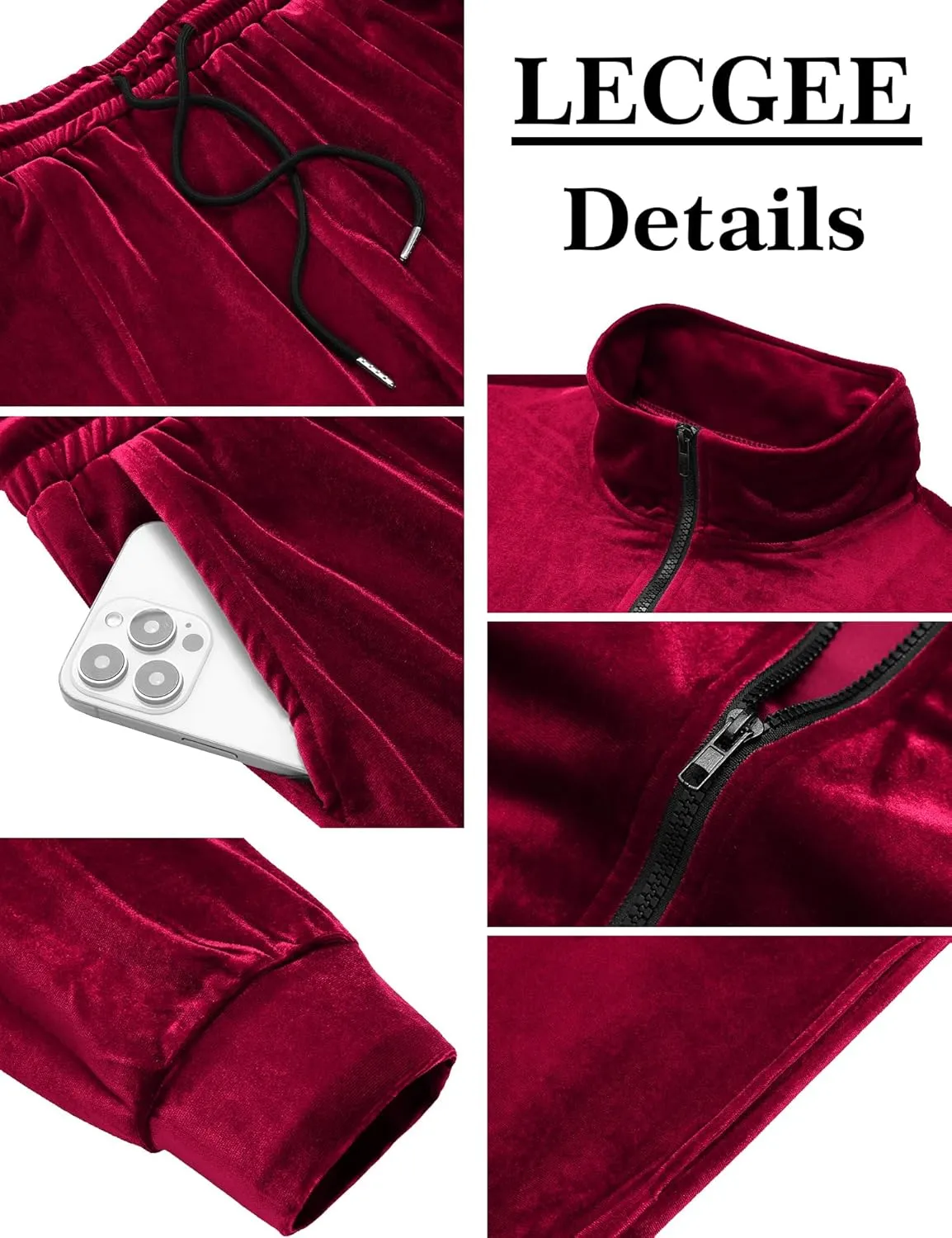 LecGee Mens 2 Piece Outfits Full Zip Velvet Long Sleeve Tracksuit Velour Casual Jogging Zipper Sweatsuit Set