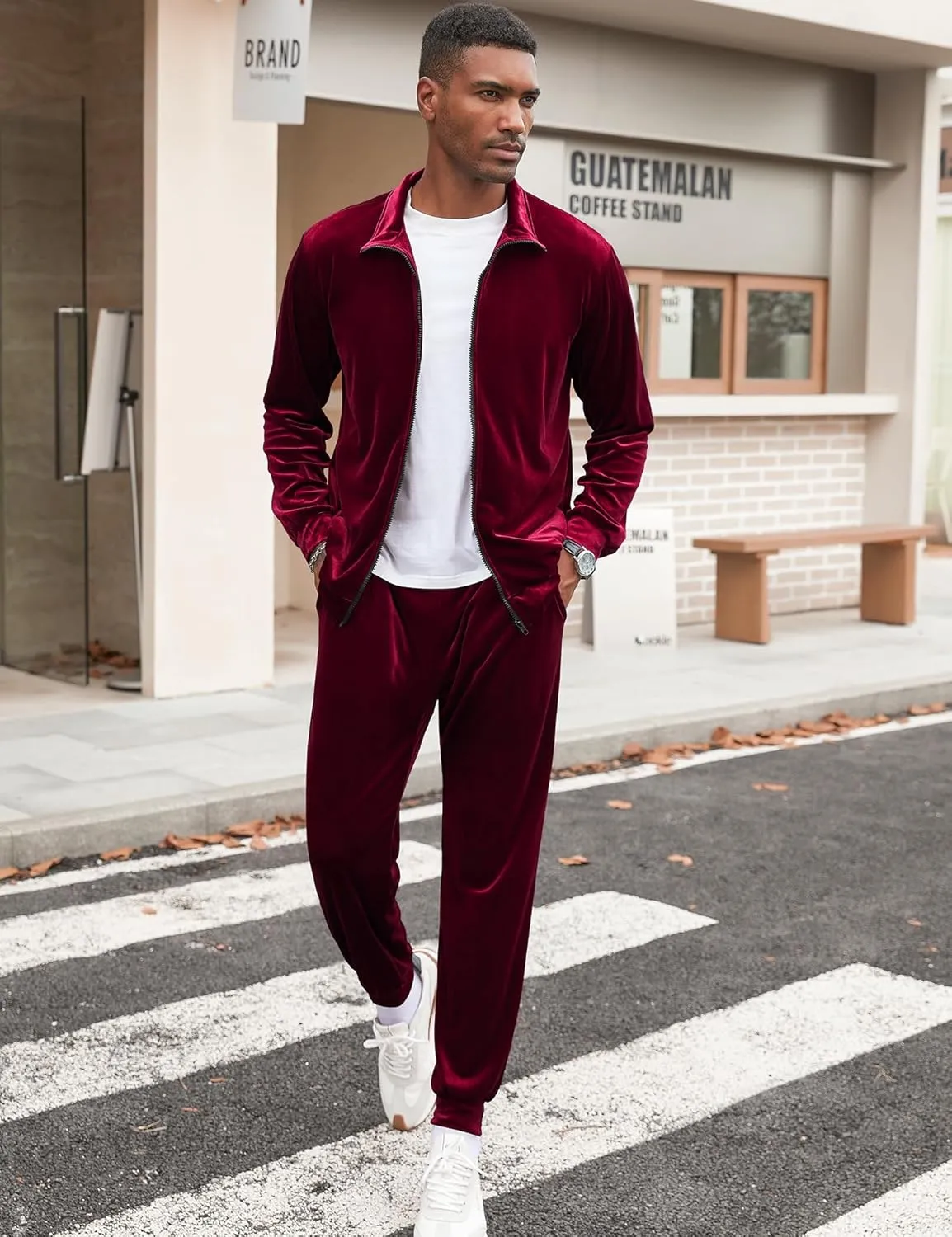 LecGee Mens 2 Piece Outfits Full Zip Velvet Long Sleeve Tracksuit Velour Casual Jogging Zipper Sweatsuit Set