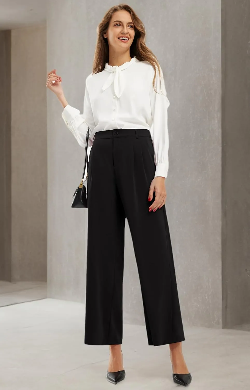 Libin Women's Wide Leg Pants High Waisted Work Dress Pants Loose Fit Back Elastic Waist Business Casual Trousers Office