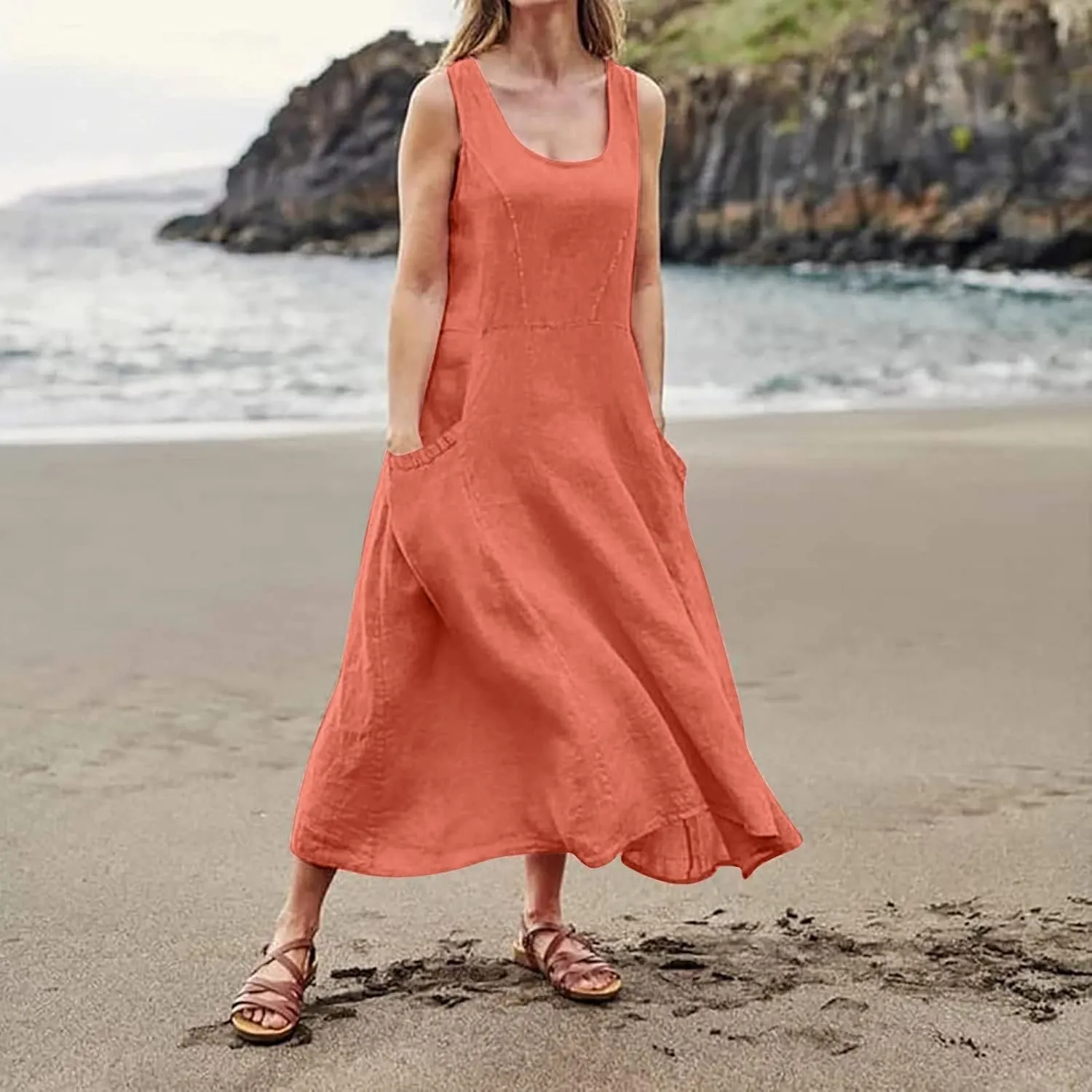 Linen Dresses for Women 2025 Plus Size Maxi Dresses for Curvy Women Summer Sleeveless Crewneck Solid Pocket Sundress