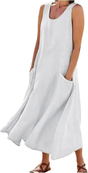 Linen Dresses for Women 2025 Plus Size Maxi Dresses for Curvy Women Summer Sleeveless Crewneck Solid Pocket Sundress