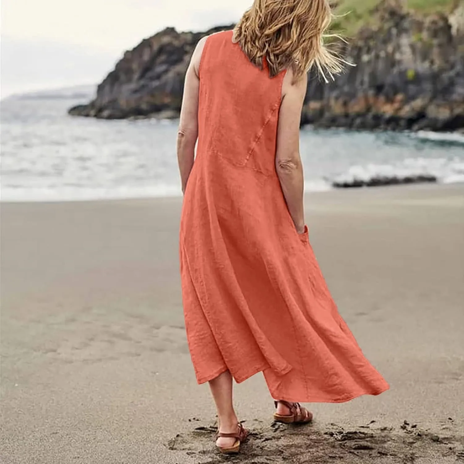 Linen Dresses for Women 2025 Plus Size Maxi Dresses for Curvy Women Summer Sleeveless Crewneck Solid Pocket Sundress
