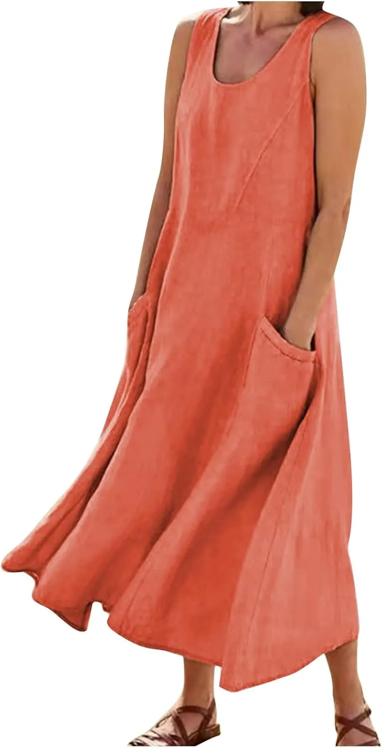 Linen Dresses for Women 2025 Plus Size Maxi Dresses for Curvy Women Summer Sleeveless Crewneck Solid Pocket Sundress