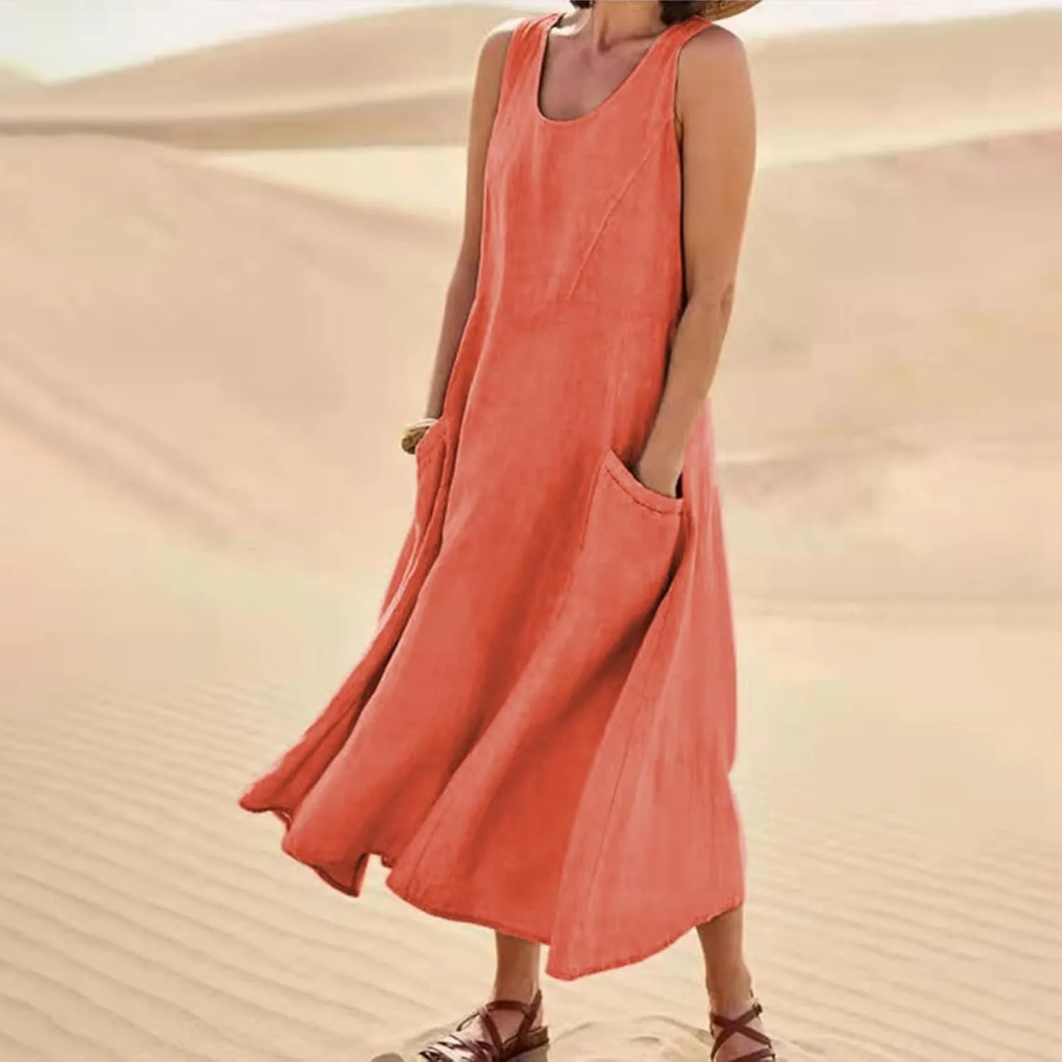 Linen Dresses for Women 2025 Plus Size Maxi Dresses for Curvy Women Summer Sleeveless Crewneck Solid Pocket Sundress