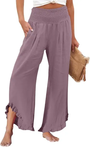 Linen Palazzo Pants for Women Casual Smocked Waisted Ruffle Hem Wide Leg Pants Summer Loose Beach Pant with Pockets