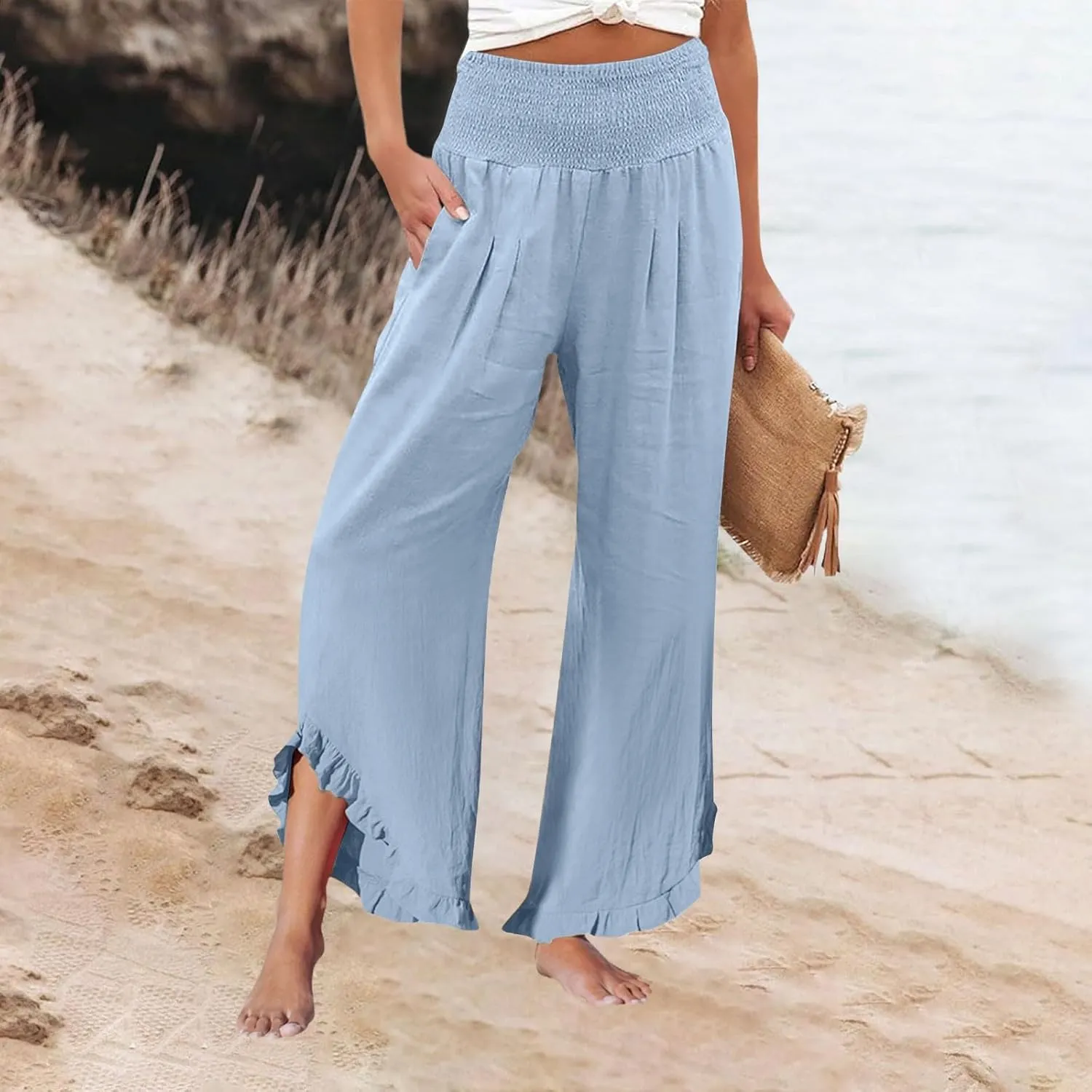 Linen Palazzo Pants for Women Smocked High Waisted Ruffle Hem Wide Leg Pants Loose Summer Beach Trousers with Pockets
