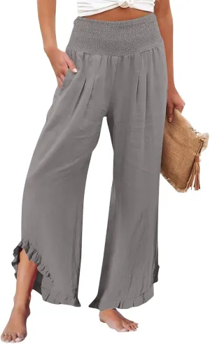 Linen Palazzo Pants for Women Smocked High Waisted Ruffle Hem Wide Leg Pants Loose Summer Beach Trousers with Pockets