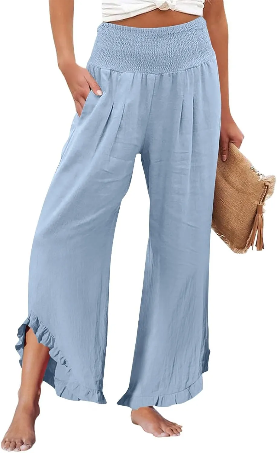 Linen Palazzo Pants for Women Smocked High Waisted Ruffle Hem Wide Leg Pants Loose Summer Beach Trousers with Pockets