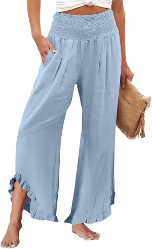 Linen Palazzo Pants for Women Smocked High Waisted Ruffle Hem Wide Leg Pants Loose Summer Beach Trousers with Pockets