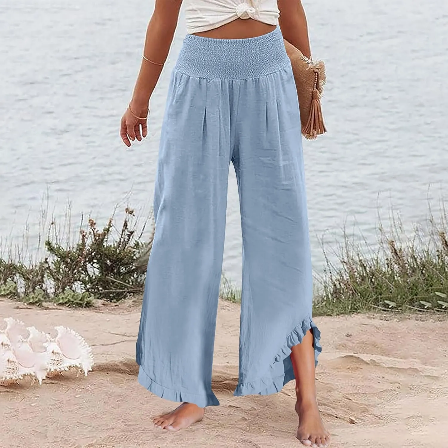 Linen Palazzo Pants for Women Smocked High Waisted Ruffle Hem Wide Leg Pants Loose Summer Beach Trousers with Pockets