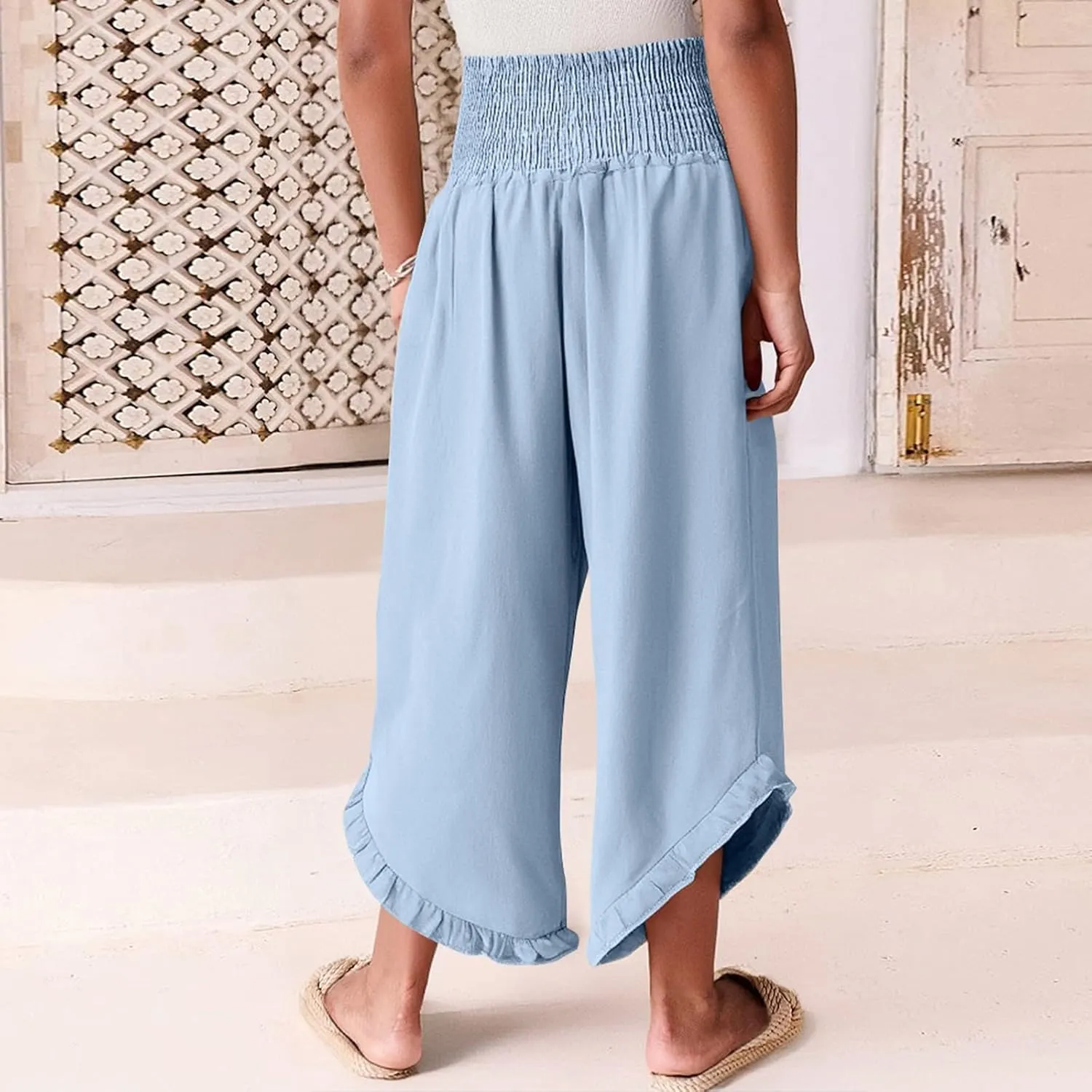 Linen Palazzo Pants for Women Smocked High Waisted Ruffle Hem Wide Leg Pants Loose Summer Beach Trousers with Pockets