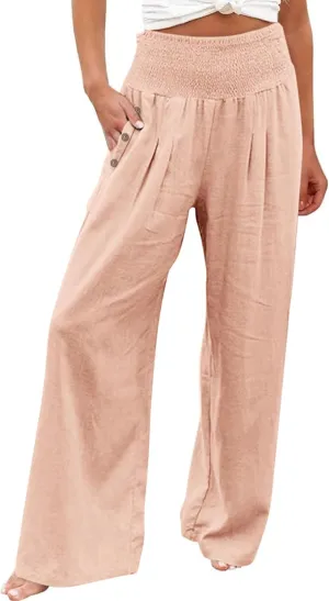 Linen Palazzo Pants for Women Summer Stretch Smocked Waist Lounge Trousers Flowy Beach Pants with Pockets