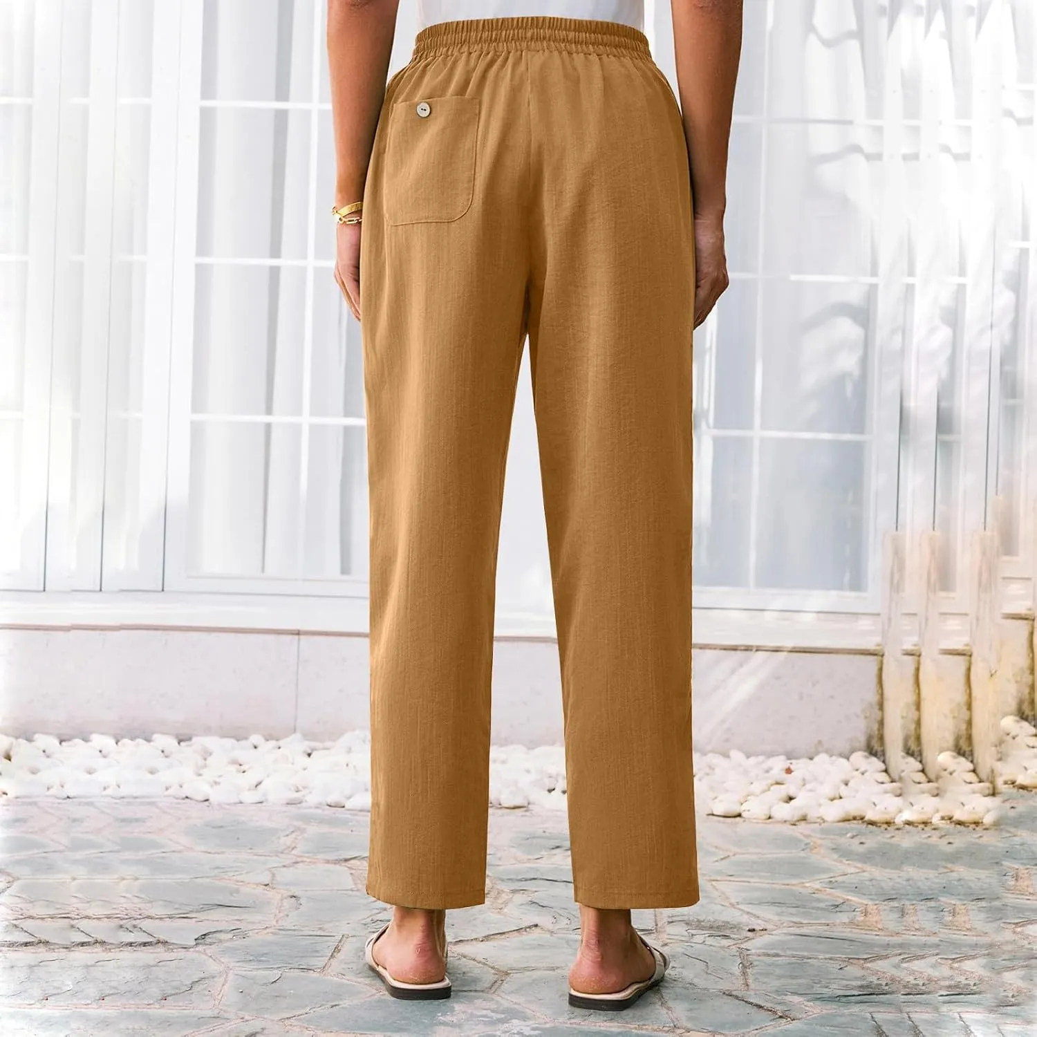 Linen Pants Women Summer,Wide Leg Casual Cotton Linen Pants High Waisted Drawstring Lounge Pants Beach Trousers