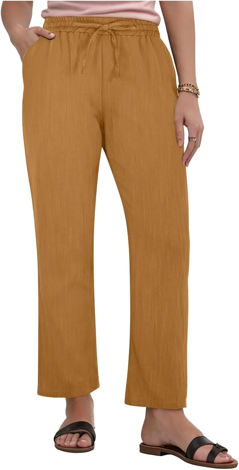 Linen Pants Women Summer,Wide Leg Casual Cotton Linen Pants High Waisted Drawstring Lounge Pants Beach Trousers