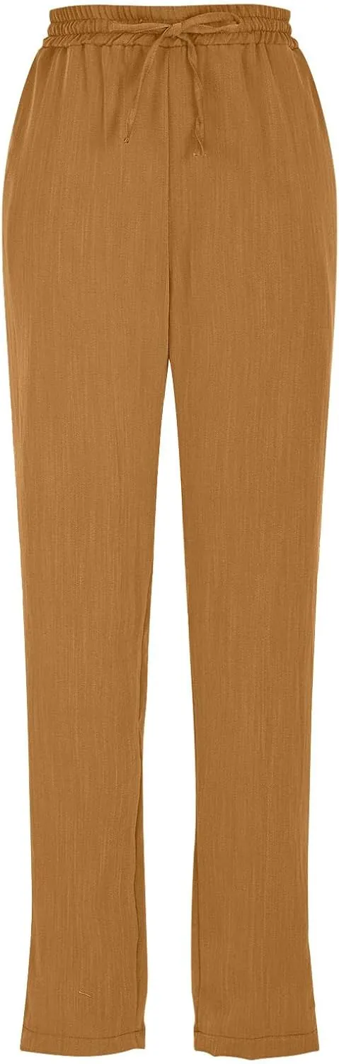 Linen Pants Women Summer,Wide Leg Casual Cotton Linen Pants High Waisted Drawstring Lounge Pants Beach Trousers