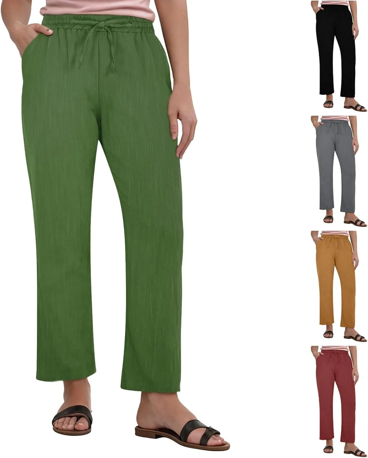 Linen Pants Women Summer,Wide Leg Casual Cotton Linen Pants High Waisted Drawstring Lounge Pants Beach Trousers